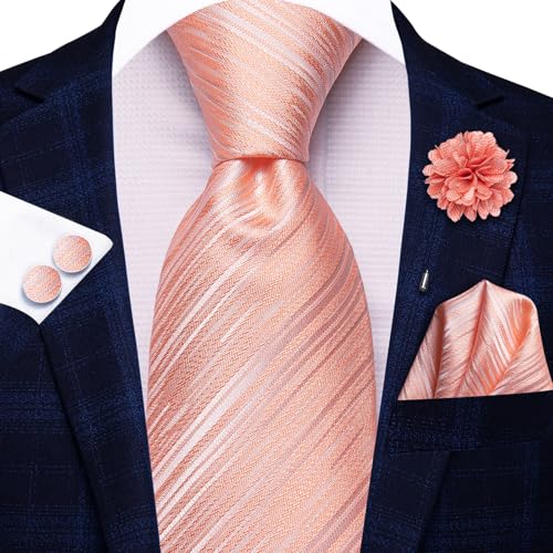 Hi-Tie Men's Silk Ties Formal Woven Classic Necktie Pocket Square Cufflinks Lapel Pin Set Wedding Business - color: A Pink
