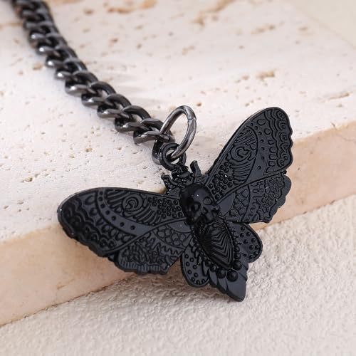 Slip Chain Choker for Women Handmade Black Stainless Steel Cuban Chain Chunky Moon Bat Raven Skull Pendant Gothic Punk Rock Collar Adjustable Lariat Y Necklace for Men - style: Black moth