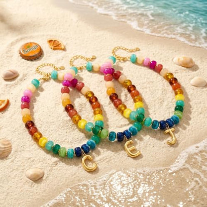 Chunky Beaded Bubble Initial Pendant Necklace Jewelry for Women | Big Large Bead Choker Letter Necklace Summer Beach Beachy Womens Statement Charm Gifts - color: Colorful E