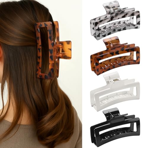 5 Inch XL Jumbo Large Claw Clips, 4-Pack Oversized Rectangle Big Hair Clips for Women, Non-Slip Dark & Light Leopard - color: GLOSSY LEOPARD