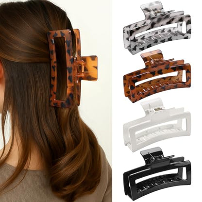 5 Inch XL Jumbo Large Claw Clips, 4-Pack Oversized Rectangle Big Hair Clips for Women, Non-Slip Dark & Light Leopard - color: GLOSSY LEOPARD