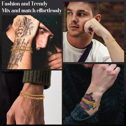8Pcs Stainless Steel Bracelets for Men Women Sturdy Cuban Link Bracelet Curb Rope Figaro Paperclip Chain Bracelets Set Jewelry Gifts for Men, 6.9/7.5/8.3/9 Inches - color: Gold