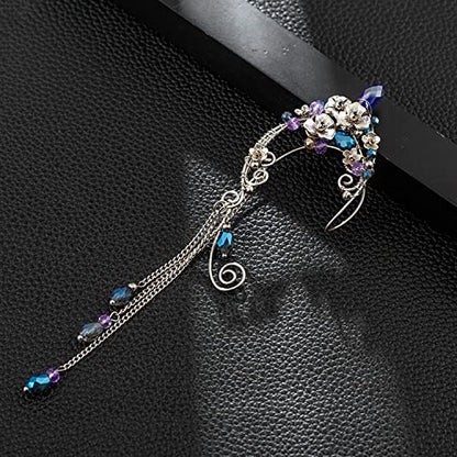 Elf Ear Cuffs, OwMell Handcraft Silver Pointed Fairy Elven Cosplay Fantasy Costume Bridal Wedding Earrings for Non Pierced Ears - style: Bule Tassel