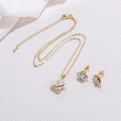EleQueen Rose Flower Necklace Earrings Bracelet Set for Women - color: 06_White