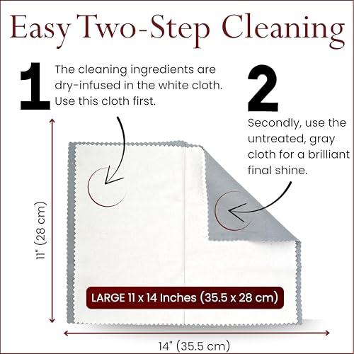 Pro Size Polishing Cleaning Cloth Made in USA for Gold, Silver, Platinum. Pure Cotton Eco Friendly Tarnish Remover Cleaner Large 11 x 14 Inch. Shines Jewelry Like New. Cleans Coins Watches Silverware | Made in USA, Non-Toxic Tarnish Cleaner Infused on Ult
