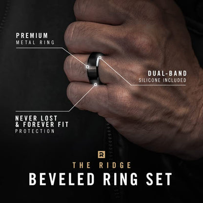 The Ridge Tungsten Rings For Men - Mens Wedding Band - Strong, Durable, and Scratch-Resistant Beveled Ring With Silicone Band - color: Gunmetal