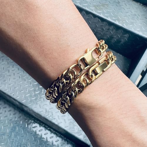 2PCS Cuban Link Bracelet, Silver Gold Black Sturdy 316L Stainless Steel Cuban Link Chain for Men Jewelry Set with Gift Message Card 8mm, 7/8/9 Inches - color: Gold, size: 9 inches