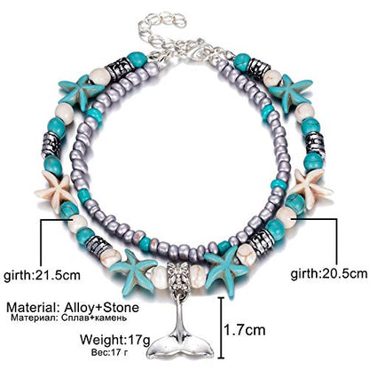 Softones Blue Starfish Turtle Anklet Multilayer Charm Beads Sea Handmade Boho Anklet Foot Jewelry for Women - style: N:Tail