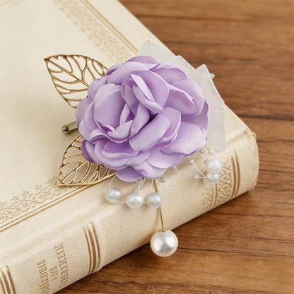 Handmade Elegant Red Rose Flower Brooch Pin for Women Crystal Pearl Fabric Flower Lapel Pin Dress Suit Accessories - color: Purple B