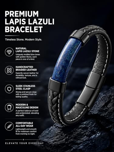 Mens Black Leather Obsidian/Turquoise/Tiger Eye/Red Agate Bracelet–Braided Multi‑Layer Wristband Cuff Bangle Bracelet with Stainless Steel Clasp Gift Jewelry Box Included - color: Style 2: Lapis Lazuli, size: 8.3in(Fits most wrists)
