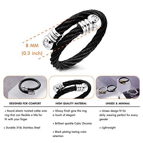 555Jewelry Stainless Steel Twisted Cable CZ Adjustable Open Ring for Women & Ladies - color: Black & Silver