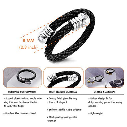 555Jewelry Stainless Steel Twisted Cable CZ Adjustable Open Ring for Women & Ladies - color: Black & Silver
