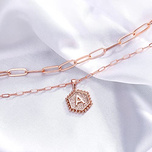 M MOOHAM Dainty Initial Necklaces for Women, 14K-Gold-Plated Layering Necklace for Women Cute Hexagon Letter Initial Necklace Layered Necklaces for Womens Teen Girl Gifts - color: Rose Gold Plated, style: D