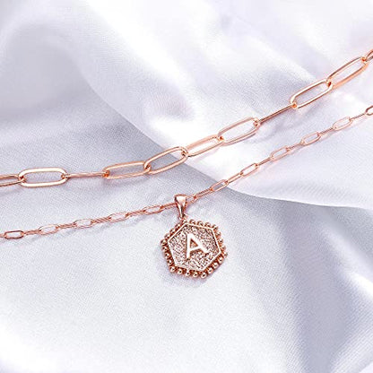 M MOOHAM Dainty Initial Necklaces for Women, 14K-Gold-Plated Layering Necklace for Women Cute Hexagon Letter Initial Necklace Layered Necklaces for Womens Teen Girl Gifts - color: Rose Gold Plated, style: S