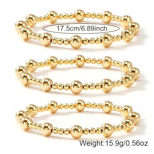 14K Gold Plated Beaded 3Pcs Stack Bracelets for Women, Dainty Trendy Freshwater Stackable Pearl Paperclip Cross Chain Gold Balls Stretch Accessories Jewelry Vacation Gift - color: gold