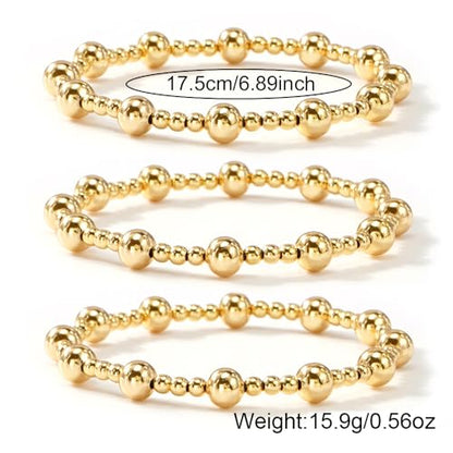 14K Gold Plated Beaded 3Pcs Stack Bracelets for Women, Dainty Trendy Freshwater Stackable Pearl Paperclip Cross Chain Gold Balls Stretch Accessories Jewelry Vacation Gift - color: gold