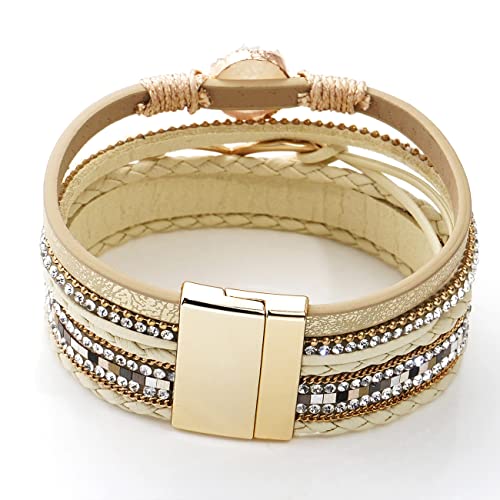Suyi Multilayer Leather Wrap Bracelet Heart-Shape Wide Bracelets for Women - color: Khaki