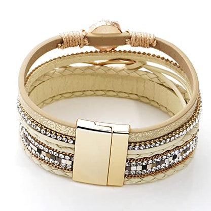 Suyi Multilayer Leather Wrap Bracelet Heart-Shape Wide Bracelets for Women - color: Khaki
