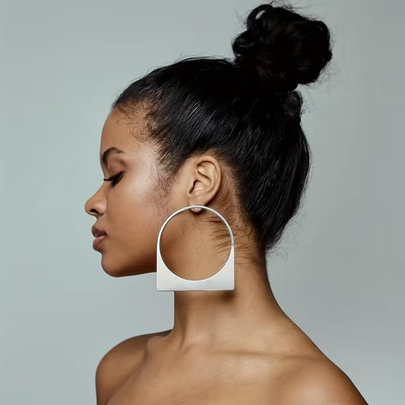 Large Chunky Gold Hoop Earrings for Women – Expensive Hollow Geometric Stainless Steel Statement Dangle Earrings with Textured Big Circle Design, Modern Metallic Fashion Jewelry Gift - color: Silver