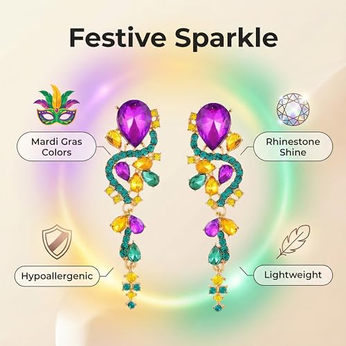 Fashion Rhinestone Statement Drop Dangle Earrings Long Colorful Crystal Bridal Wedding Teardrop Chandelier Earrings for Women Prom Pageant - color: Mardi Gras