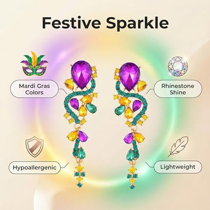 Fashion Rhinestone Statement Drop Dangle Earrings Long Colorful Crystal Bridal Wedding Teardrop Chandelier Earrings for Women Prom Pageant - color: Mardi Gras