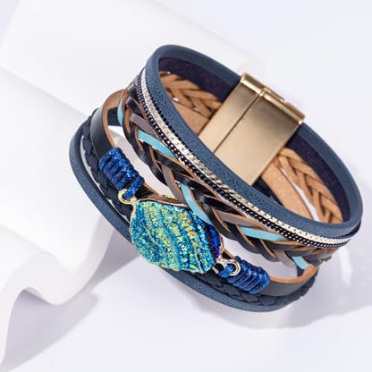Boho Leather Wrap Bracelets Beaded Stackable Cuff Bracelet Country Concert Outfits Cowboy Cowgirl Western Jewelry Gifts for Women - color: Stone-Blue