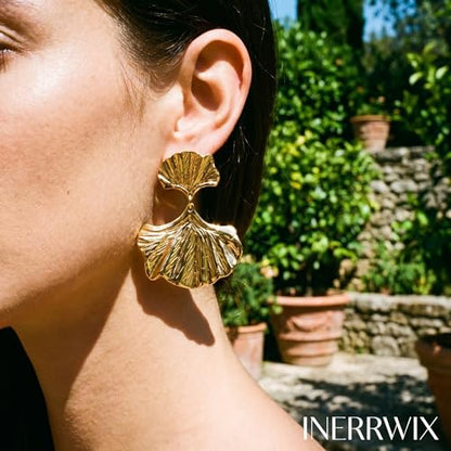 Chunky Gold Plated Flower Statement Drop Earrings for Women | Hypoallergenic 18K Gold Plated Textured Petal Wing, Large Statement Dangle Earrings for Wedding Party - color: Gold Medium Ginkgo Leaf-D