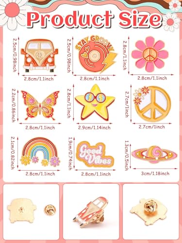 JUNEBRUSHS 28pcs Hippie Enamel Brooch Pins Groovy Retro Butterfly Daisy Flower Ribbon Lapel Pins for Women Girl Clothes Bags Groovy Hippie 60s 70s Party Decorations Accessories - style: Hippie Style