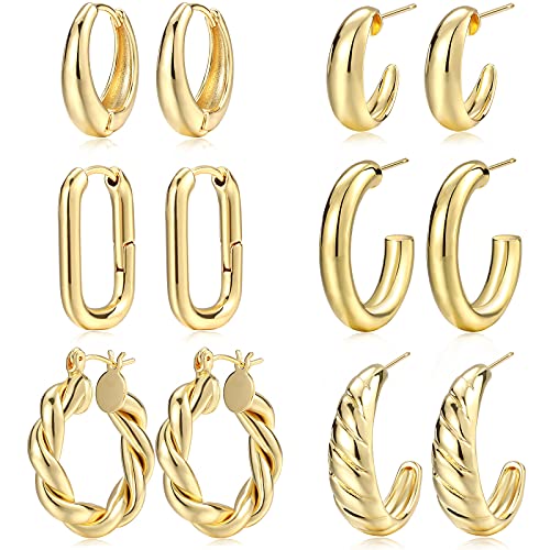Gold Hoop Earrings Set for Women, 6 Pairs 14K Gold Plated Lightweight Hypoallergenic Chunky Open Twisted Hoops Earrings Pack Jewelry - color: Gold Classic