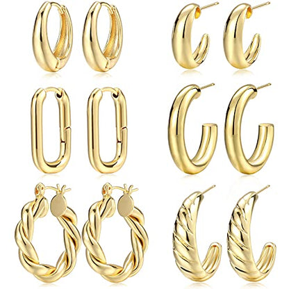 Gold Hoop Earrings Set for Women, 6 Pairs 14K Gold Plated Lightweight Hypoallergenic Chunky Open Twisted Hoops Earrings Pack Jewelry - color: Gold Classic