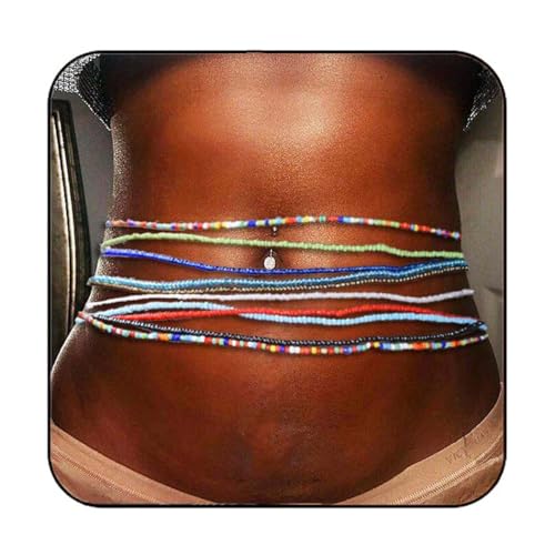 African Waist Beads for Women Belly Beaded Waist Chain | Beach Waist Chain Jewelry 10PCS Layered Bead Belly Chain Elastic Rave Body Accessories
