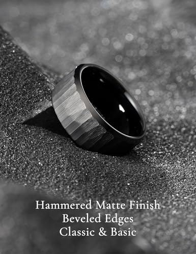 King Will 8mm Mens Hammered Tungsten Rings Matte Brushed Finish | Beveled Edge, Comfort Fit, Durable, Everyday Wear - color: Black 10mm