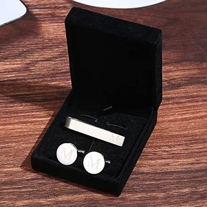 Initial Cuff Links Mens and Tie Clips for Men | Classic Silver Letter Alphabet A-Z Cufflinks and Tie Bar Set, Gifts for Men Father Husband for Formal Business Wedding - style: M
