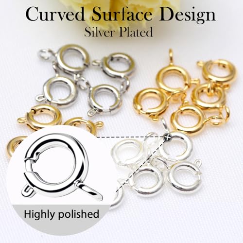 stino 100Pcs Small Spring Round Jewelry Clasps (Silver Plated) | Brass, High Polished, Necklaces & Bracelets Findings - color: Silver Plated