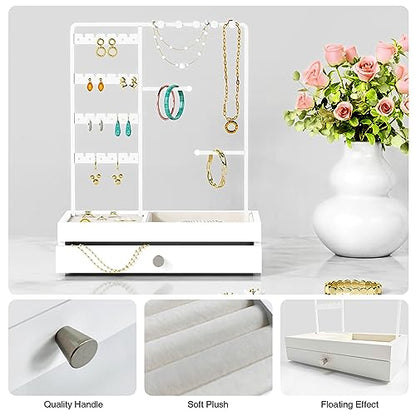 Goozii White Jewelry Organizer Stand Stud Earring Holder, Necklace Display Stand with Drawer, Jewelry Tower Tree for Bracelets Rings, Birthday Valentines Day Gifts for Her Teen Girls Women Wife - color: White