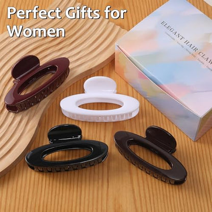 4 Pack Oval Hair Clip, 4.7" Large Durable Trendy Hair Claw Clip with Bead & Butterfly Spring, Premium PC Material Cozy Fashion Hair Claw for Thick Hair, Gift Set for Women Girls, Daily Wear - color: Classic Color 3: Black, White, Wine Red and Chocolate Br