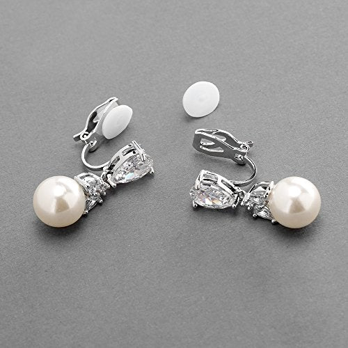 Mariell Clip-On Pearl Drop Bridal Earrings with Cubic Zirconia Crystals and Ivory Pearls For Brides, Bridesmaids, Weddings, Jewelry Gift for Women - color: Silver