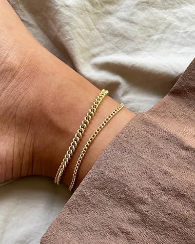 Waterproof Ankle Bracelets for Women Gold Anklets Non Tarnish Pearl/Figaro/Cuban/Snake Chain Anklet Adjustable Anklets for Womens Summer Beach Anklet Foot Jewelry for Women Gift - color: Cuban Chain-Gold
