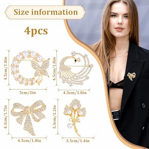 4pcs Brooches and Pins for Women, Flower Brooch, Crystal Pearl Brooch, for Women Fashion Accessories - style: Peacock