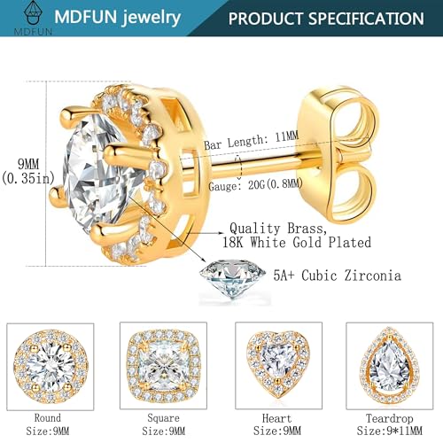 MDFUN Halo Stud Earrings 18K Gold Plated Round/Square/Heart/Teardrop Cubic Zirconia Earrings Set for Women - color: B-Heart/Teardrop