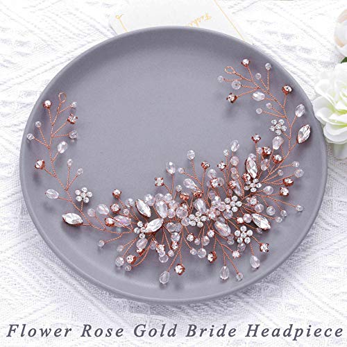 Bride Flower Wedding Hair Vine Crystal Bridal Hair Piece Rhinestone Party Hair Accessories Leaf Hair Jewelry Bead Headpiece for Women - color: Rose Gold