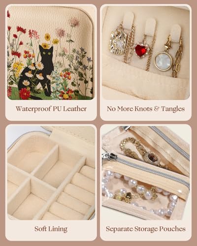 Bistup Travel Jewelry Case - Small Jewelry Organizers and Storage Box for Women Girls Teens Cute Traveling Jewelry Holder with Mirror Little Tiny Compact Modern Unique Aesthetic Pretty, Cat Flower - style: Cat Flower