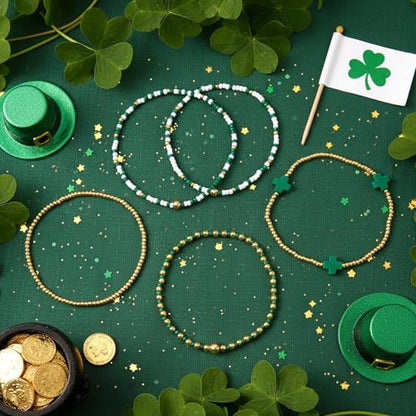 Gold Beaded Bracelets Stack for Women Stackable 14K Gold Plated Beads Ball Cross Bracelet Boho Christian Jewelry Faith Friendship Birthday Gifts for Women - color: St Patricks Day
