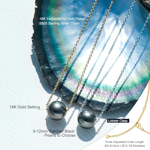 Genuine Tahitian Black Pearl Necklace for Women, 9-12mm AAAAA Handpicked Natural Black Pearl Pendant with 18K White Gold Plated Sterling Silver Chain, Luxury Jewelry Birthday Gifts for Wife, Women, Mother, Girlfriend, Anniversary, Valentines, Mothers Day