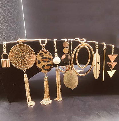 10Pcs Long Pendant Necklace Simple Moon Bar Three Triangle Tassel Lock Sweater Y Shape Punk Chain Choker Necklace for Women Men Gold Silver Plated - style: C:10Pcs Gold Tone