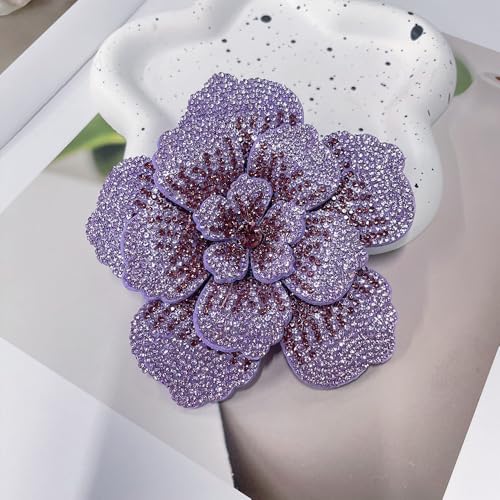 Rhinestone Flower Brooch Pin for Women Men Elegant Sparkly Crystal Camellia Floral Lapel Pins Shawl Dress Suit Clothes Accessories Wedding Party Fashion Jewelry 105mm - color: Light Purple