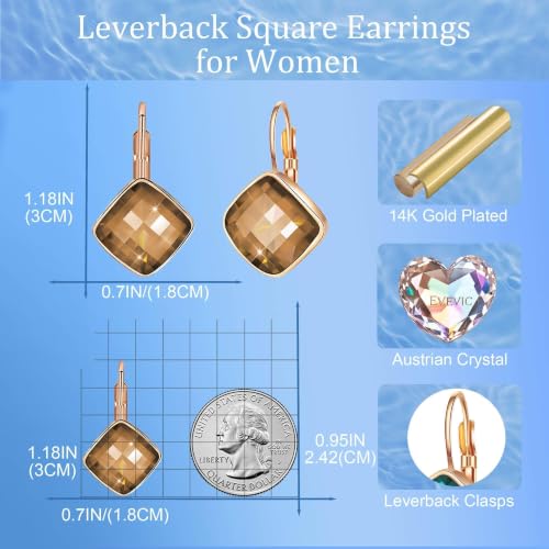 Austrian Crystal Square Leverback Drop Earrings for Women | Classic Square-Cut Crystal,14K Gold-Plated,Leverback for Easy Secure Wear,Gift Box Included,For Day and Evening Events - color: Light Topaz