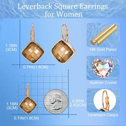 Austrian Crystal Square Leverback Drop Earrings for Women | Classic Square-Cut Crystal,14K Gold-Plated,Leverback for Easy Secure Wear,Gift Box Included,For Day and Evening Events - color: Light Topaz
