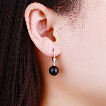 JO WISDOM 925 Sterling Silver Freshwater Pearl Hoop Earrings with Dangle Real Pearl,Simulated Pearls - color: C-10mm black pearl,round shape