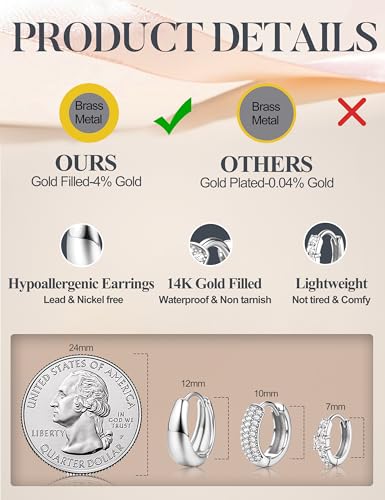LOLIAS Small 14K Gold Plated Chunky Hoop Earrings for Women Hypoallergenic Silver Earrings Set for Sensitive Ears Non Tarnish Huggie Hoops Earring Stacks for Multiple Piercing Jewelry Lightweight 3Pairs - style: Teardrop-Silver Tone